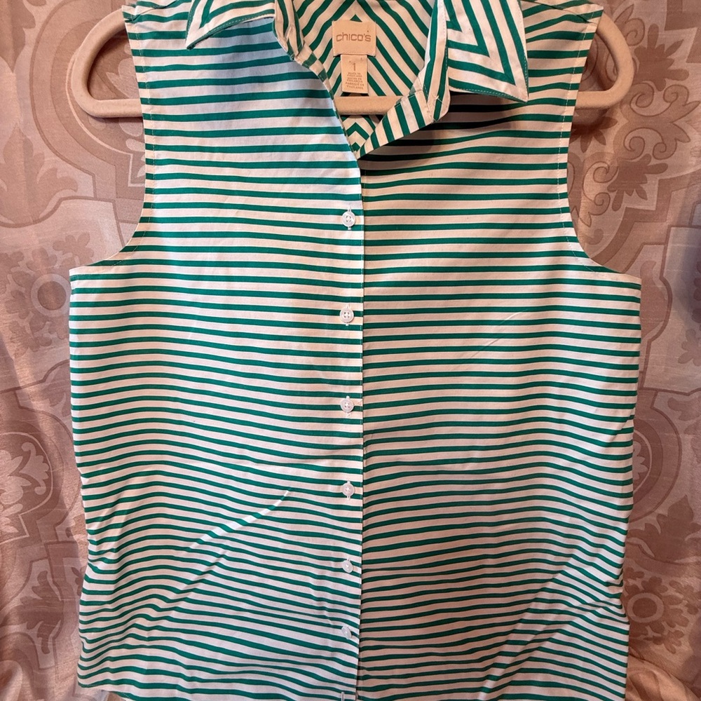 Chico's Green and White Striped Button-Up Blouse